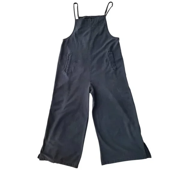 Lagenlook Lightweight Overalls Adjustable Cropped Charcoal Grey Size S/M - Picture 2 of 16